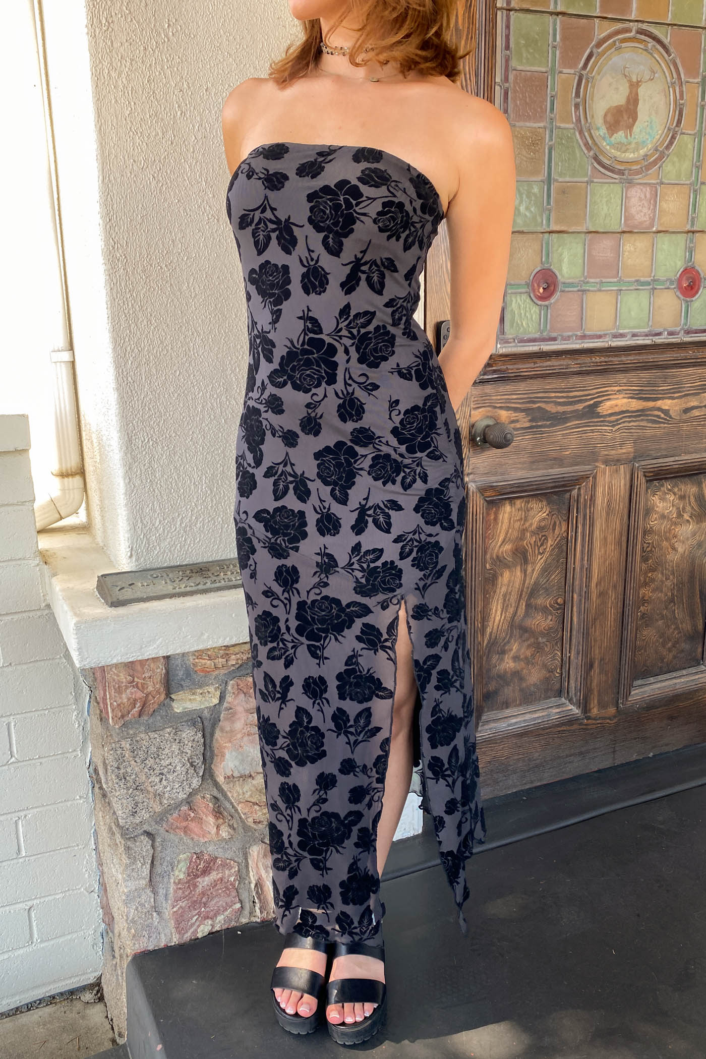 Floral Stretch Lace Strapless Dress