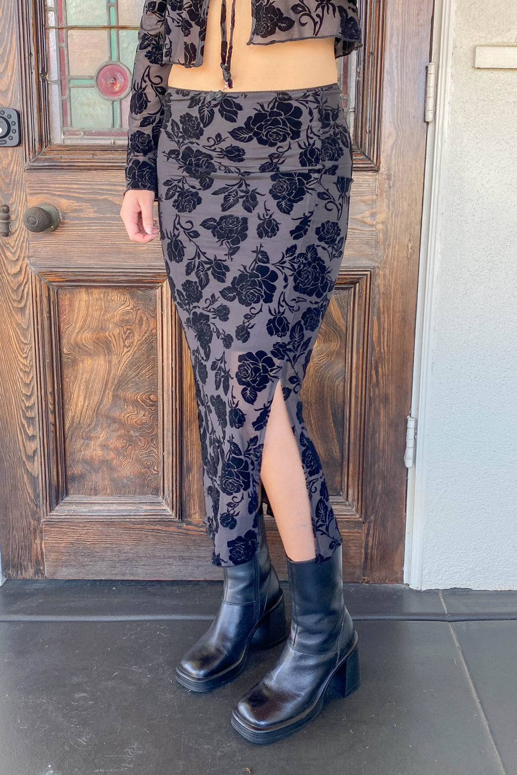 Floral Stretch Lace Midi Skirt